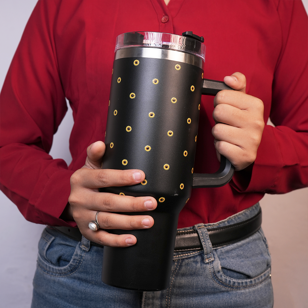 Black Sunflower Tumbler with Handle & Straw – Cute Floral Reusable Travel Cup for Women & Girls