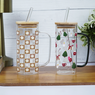 Set-2 Trendy Printed Glass Cup with Bamboo Lid & Straw