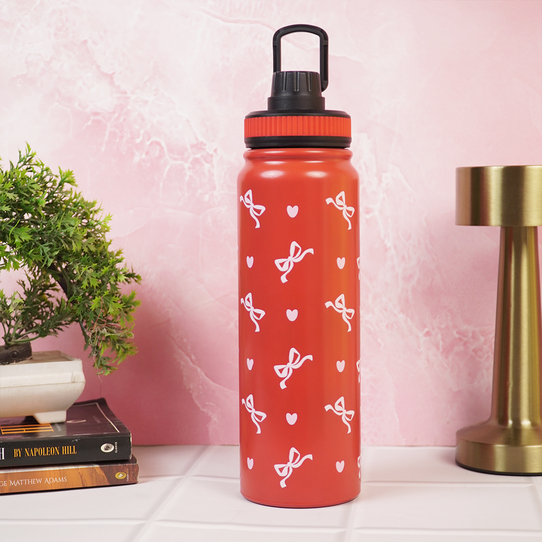 Cherry Bow Print Stainless Steel Water Bottle | Cute Aesthetic Bottle for Daily Use