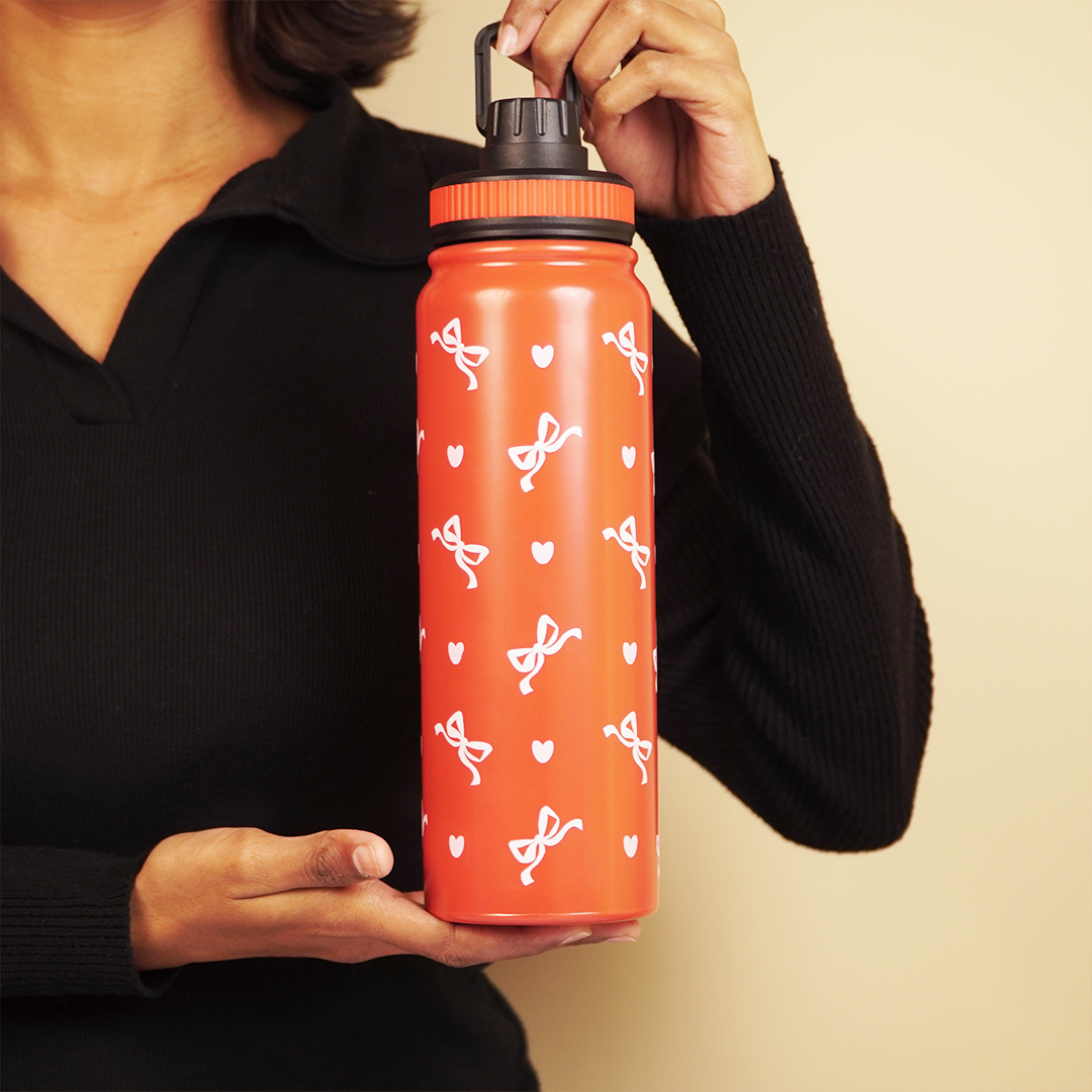 Cherry Bow Print Stainless Steel Water Bottle | Cute Aesthetic Bottle for Daily Use