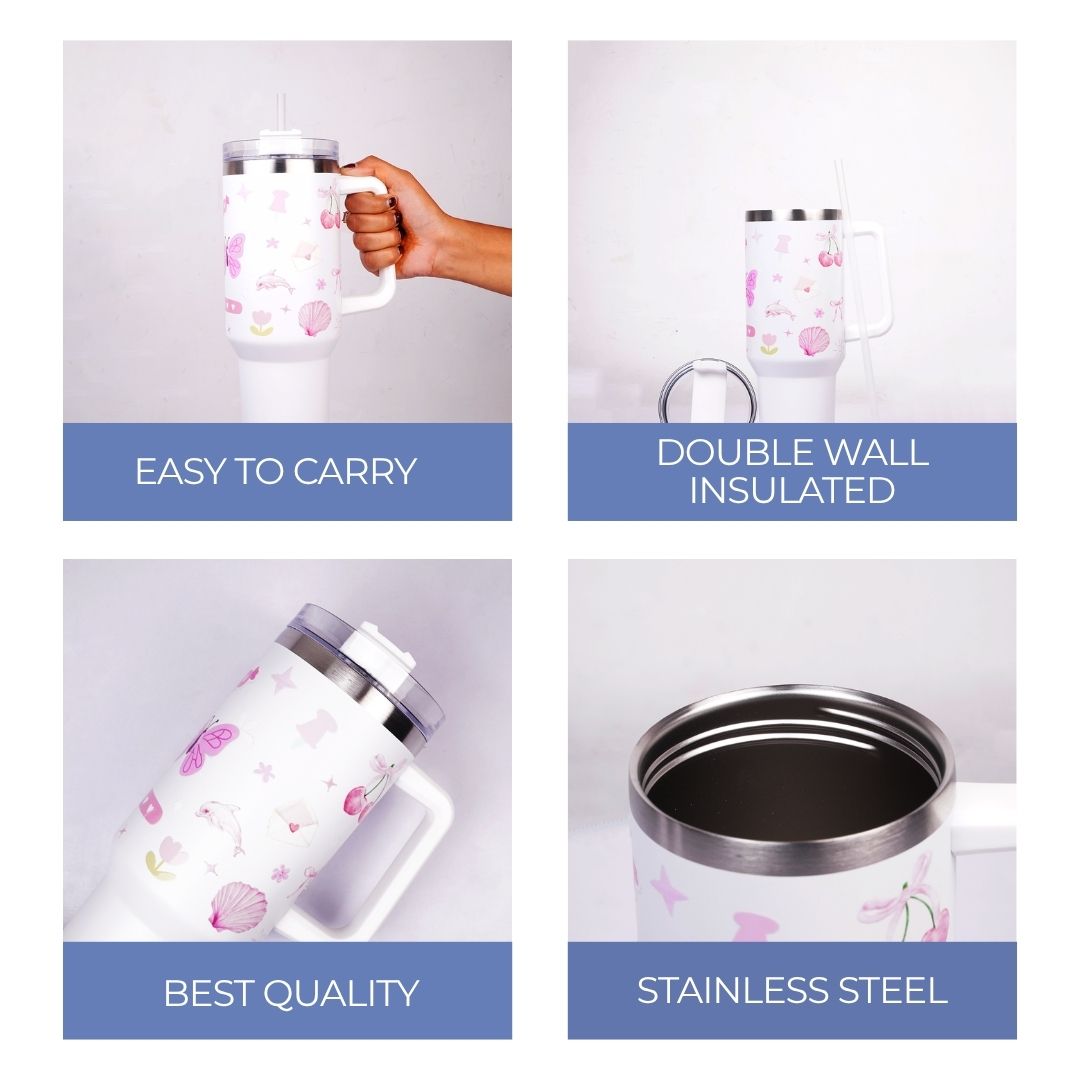 White Pink Cherry Print Tumbler with Straw & Handle – Aesthetic Travel Coffee Cup