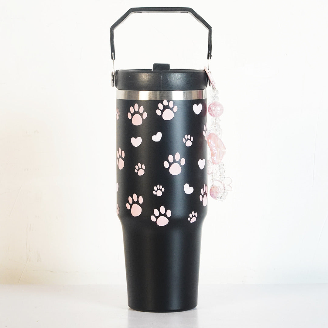 Cute Paw Print Stainless Steel Tumbler with Charm