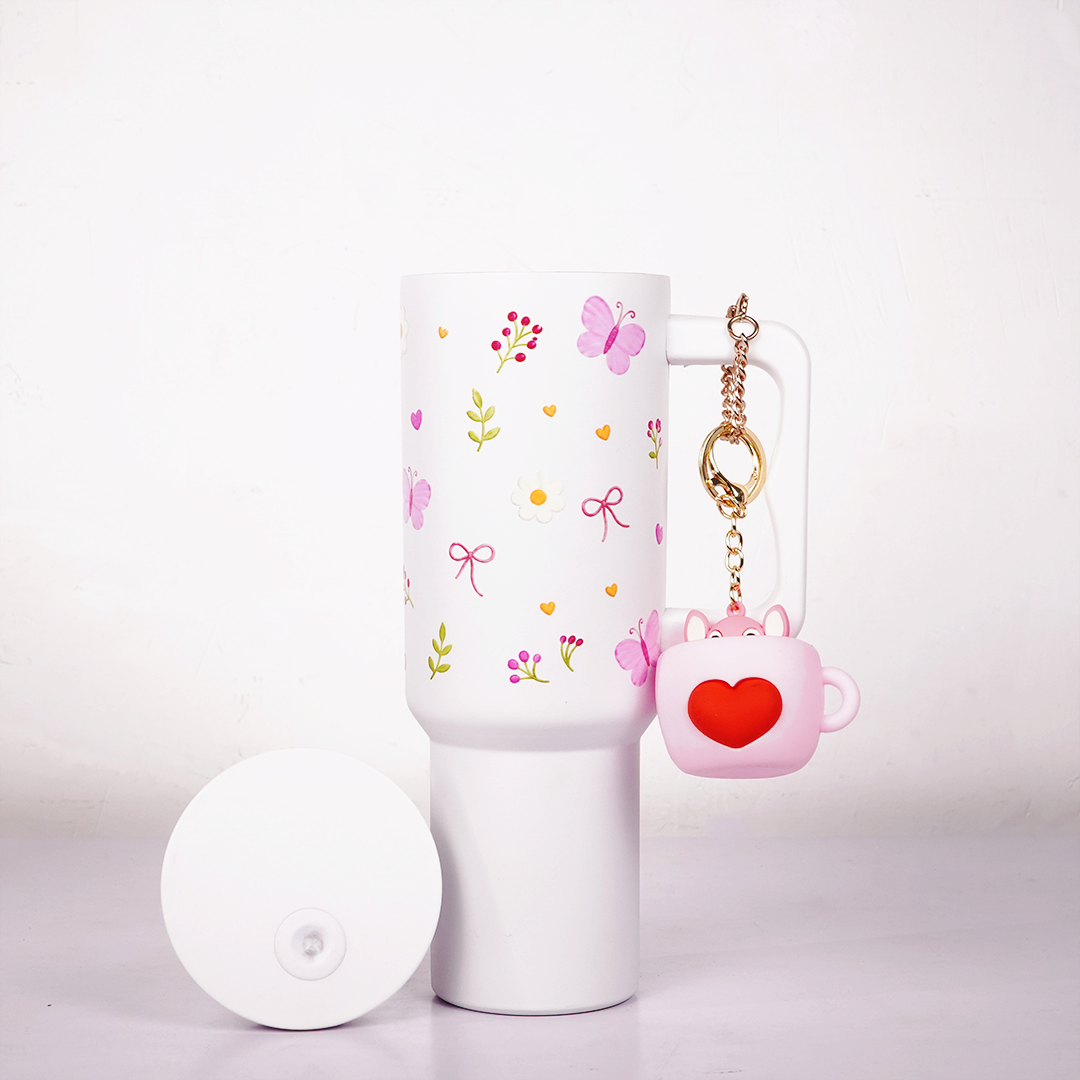 Butterfly, Bow & Floral Print travel  WHITE Tumbler