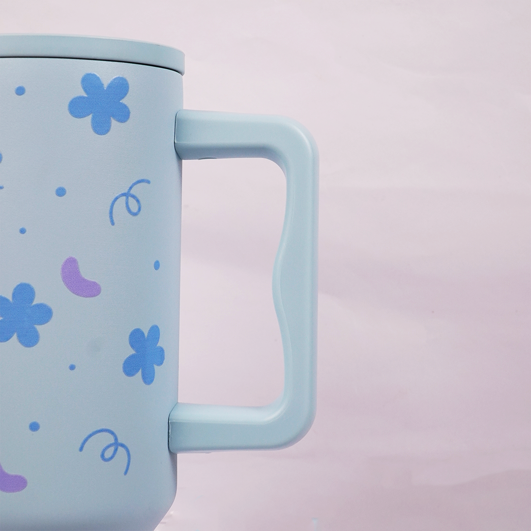 Blue Floral Tumbler with Handle & Straw – Cute Aesthetic Reusable Travel Cup(RANDOM CHARM)