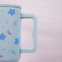 Blue Floral Tumbler with Handle & Straw – Cute Aesthetic Reusable Travel Cup(RANDOM CHARM)