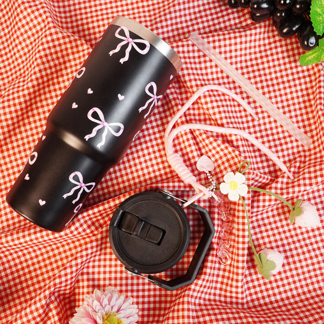 Bow Print Tumbler with Handle & Charm | Reusable Travel Cup | Cute Everyday Drinkware