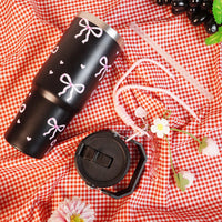 Bow Print Tumbler with Handle & Charm | Reusable Travel Cup | Cute Everyday Drinkware