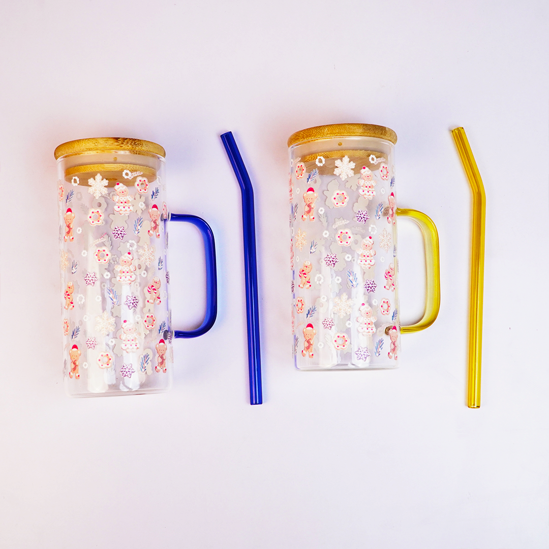 Christmas Ginger Bread with Minis Glass Tumbler with Handle & Bamboo Lid – Set of 2 | Festive Holiday Design with Straw