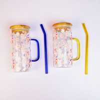 Christmas Ginger Bread with Minis Glass Tumbler with Handle & Bamboo Lid – Set of 2 | Festive Holiday Design with Straw