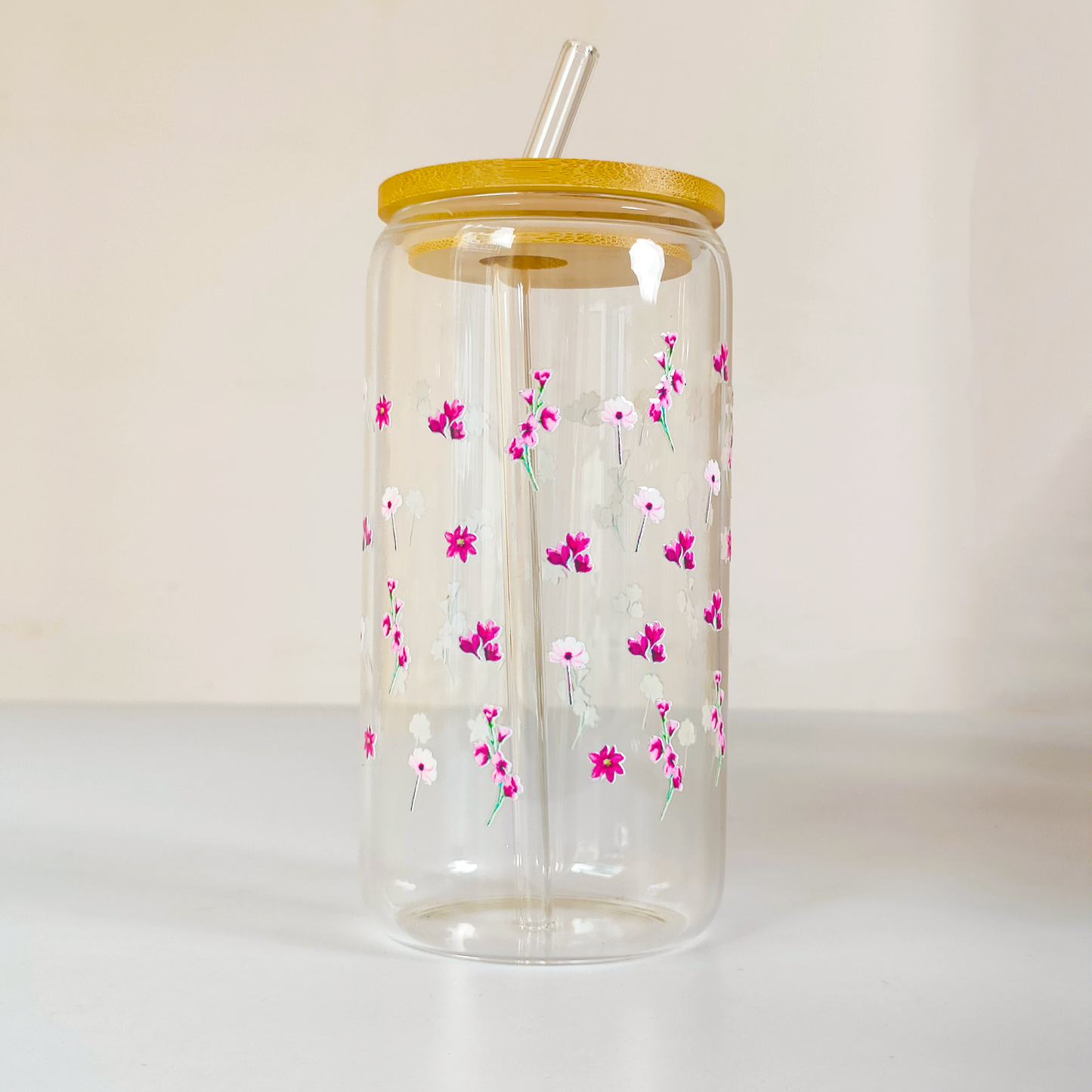 Elegant Floral Glass Tumblers with Bamboo Lid & Straw – Combo of 2 (Pink Flower & Pastel Bloom Design)