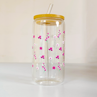 Elegant Floral Glass Tumblers with Bamboo Lid & Straw – Combo of 2 (Pink Flower & Pastel Bloom Design)