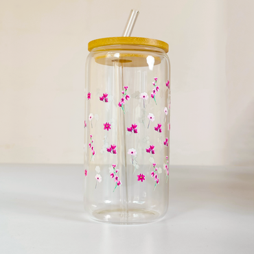 Elegant Floral Glass Tumblers with Bamboo Lid & Straw – Combo of 2 (Pink Flower & Pastel Bloom Design)