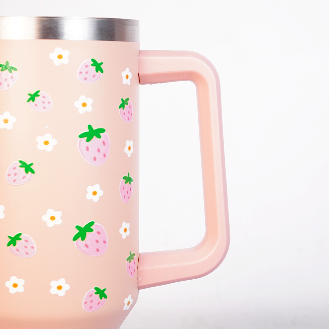Peach Strawberry Tumbler with Straw & Handle – Cute Pink Fruit Print Travel Tumbler