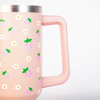 Peach Strawberry Tumbler with Straw & Handle – Cute Pink Fruit Print Travel Tumbler