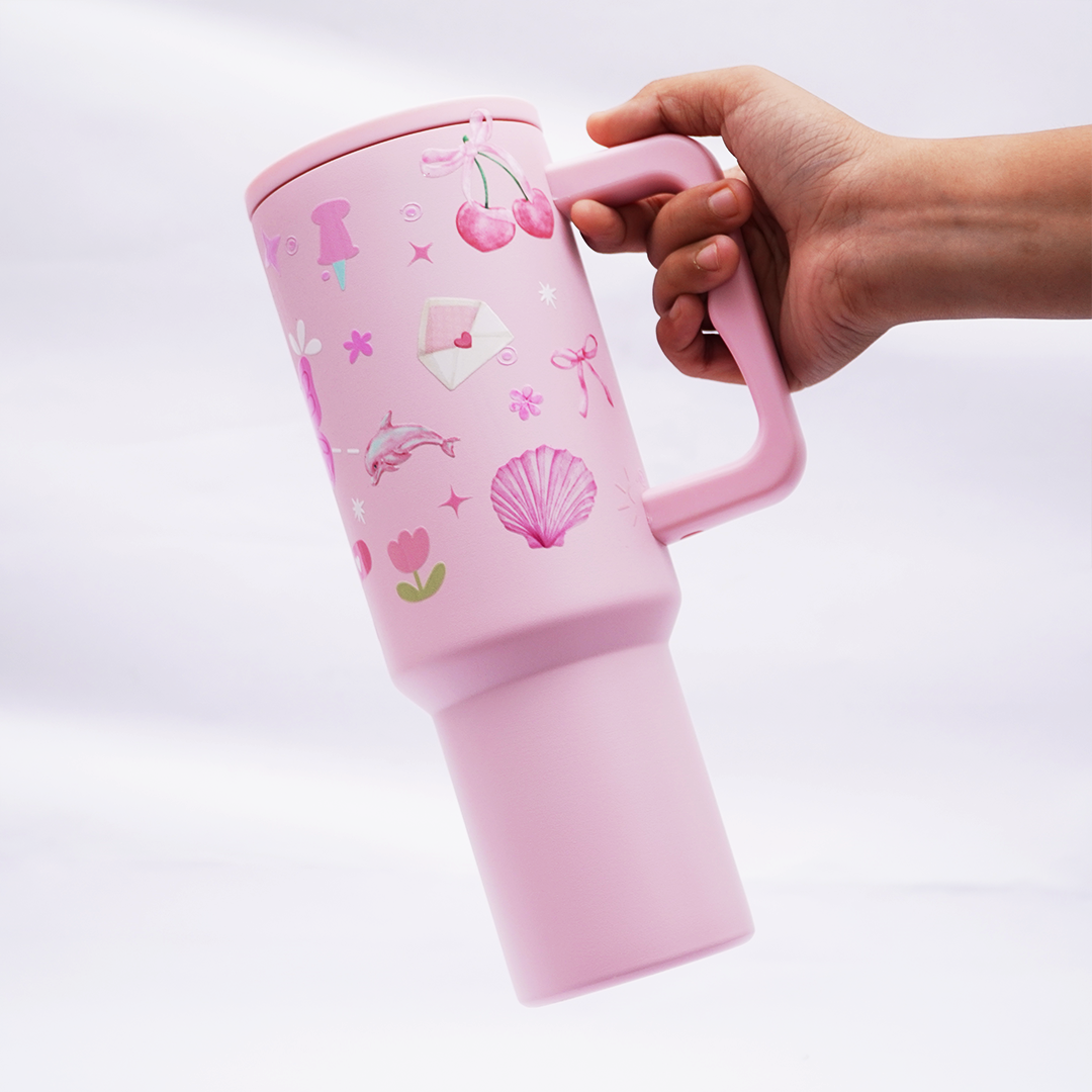 Pink Kawaii Stainless Steel Travel Tumbler with Handle & Leakproof Lid | Double Wall Vacuum Insulated Coffee Mug