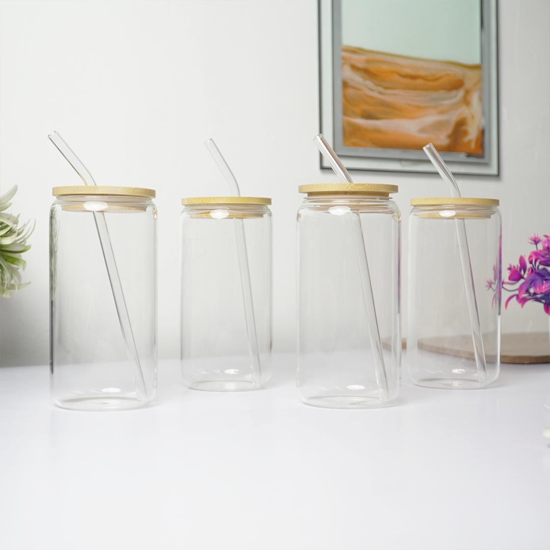 Clear Glass Tumbler with Bamboo Lid & Reusable Glass Straw