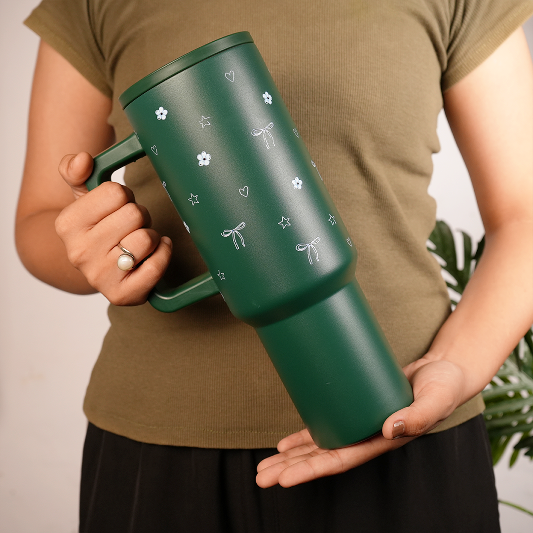 Deep Forest Green Floral & Bow Tumbler with Ergonomic Handle