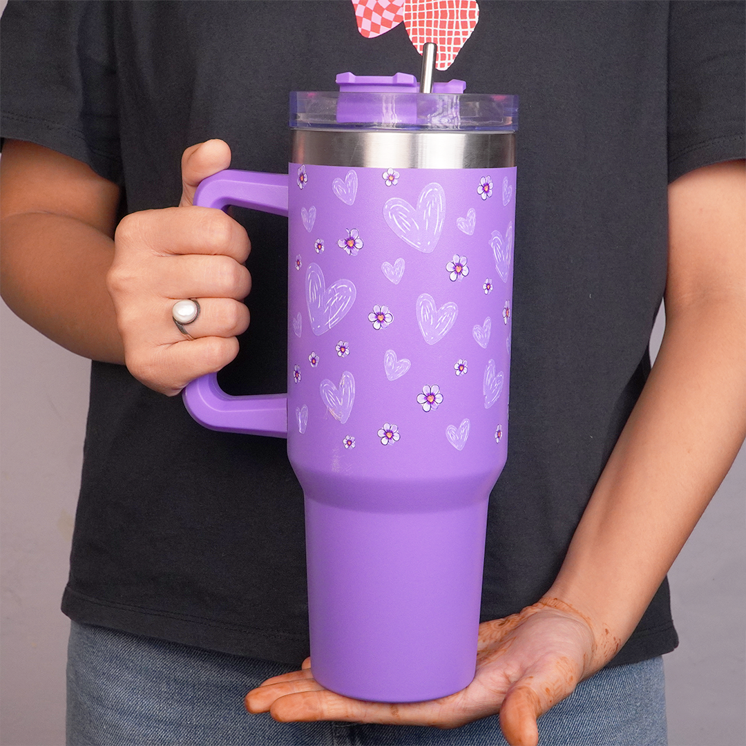 Purple Floral Tumbler with Handle & Straw – Cute Reusable Travel Cup for Everyday Drinks