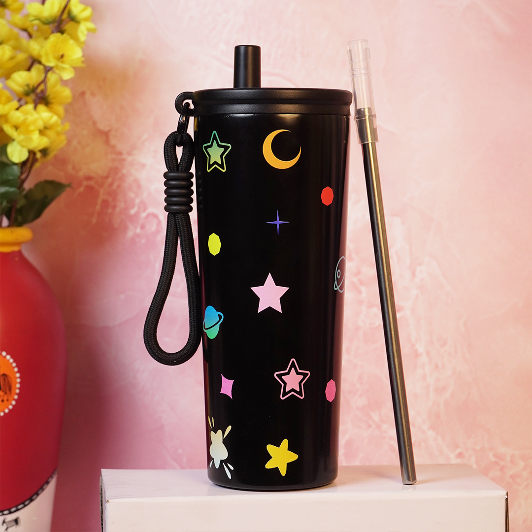 Galaxy Theme Stainless Steel Sipper Bottle with Straw