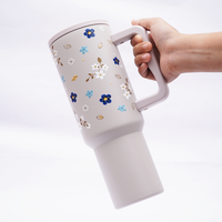 Blue Floral Stainless Steel Travel Tumbler with Handle | Double Wall Insulated & Leakproof