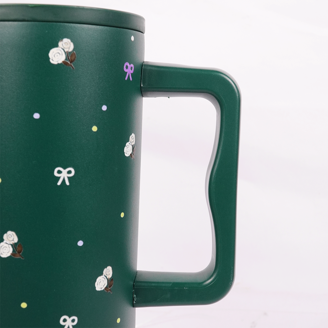 Floral Bow GREEN  Tumbler with Straw & Handle