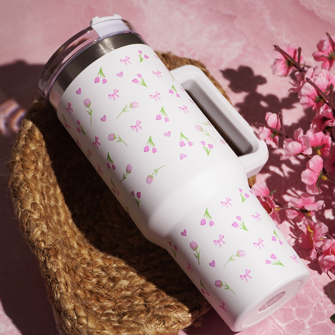Floral Stainless Steel Insulated Tumbler with Handle & Straw – 1200ml Leakproof Travel Mug | Height 27cm, Width 7cm