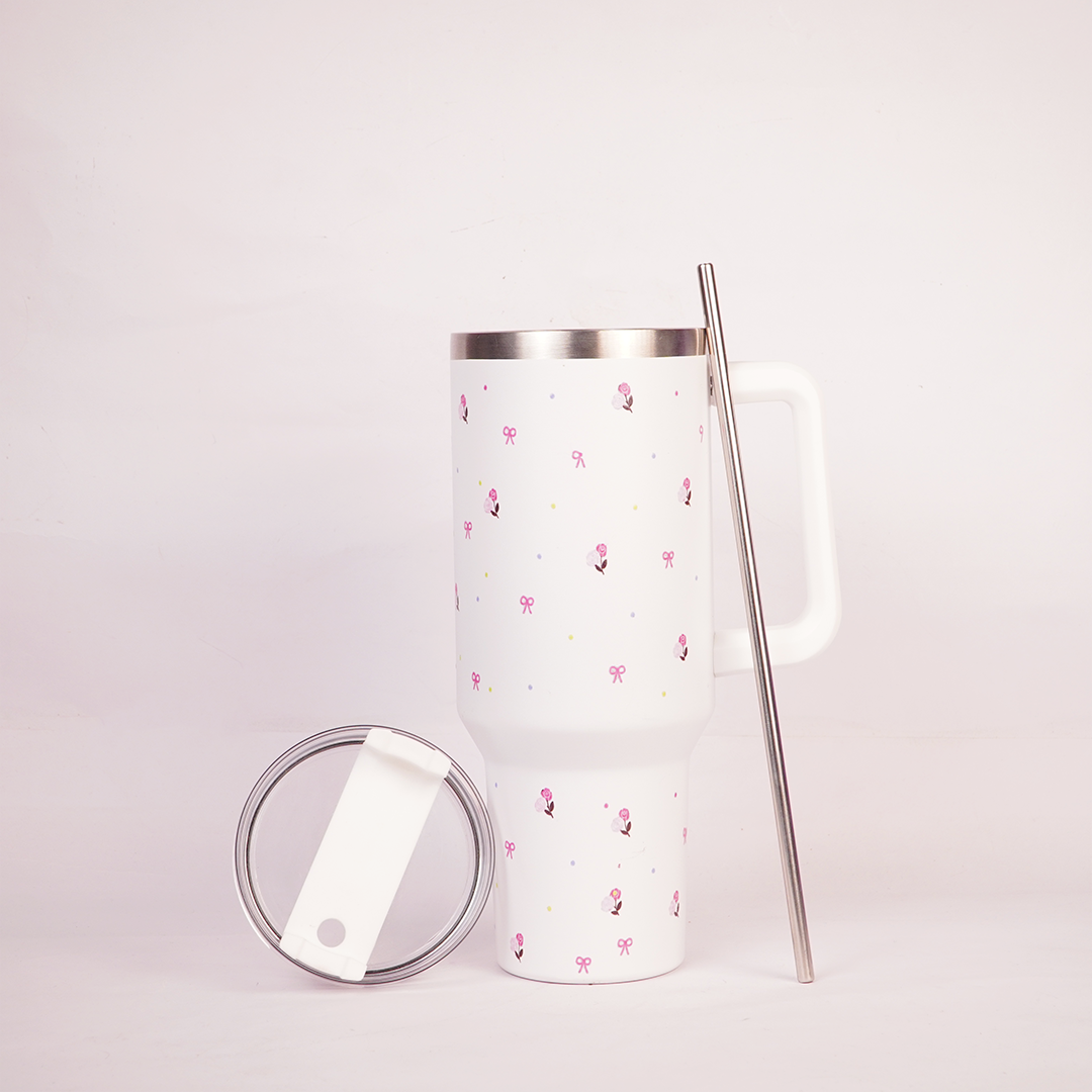 White Flower Tumbler with Handle & Straw – Cute Rose & Bow Design Reusable Travel Cup