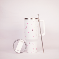 White Flower Tumbler with Handle & Straw – Cute Rose & Bow Design Reusable Travel Cup