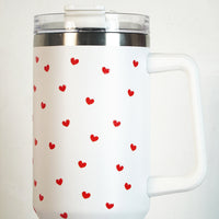 Cute Red Heart Print White Stainless Steel Tumbler with Handle