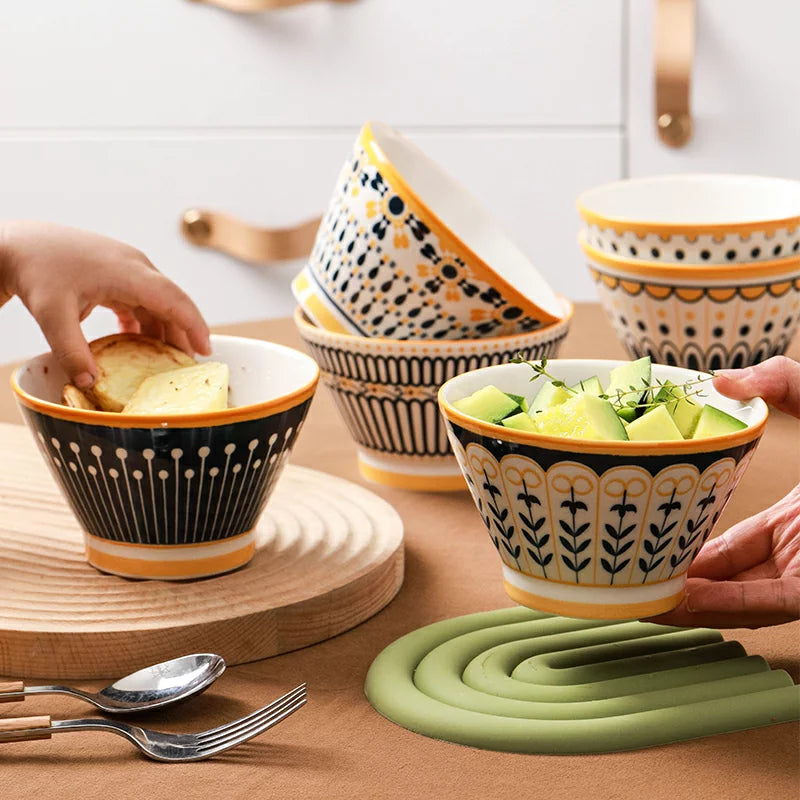 Golden Rim Harmony Bowls – Set of 6 | Elegant Ceramic Serving Bowls