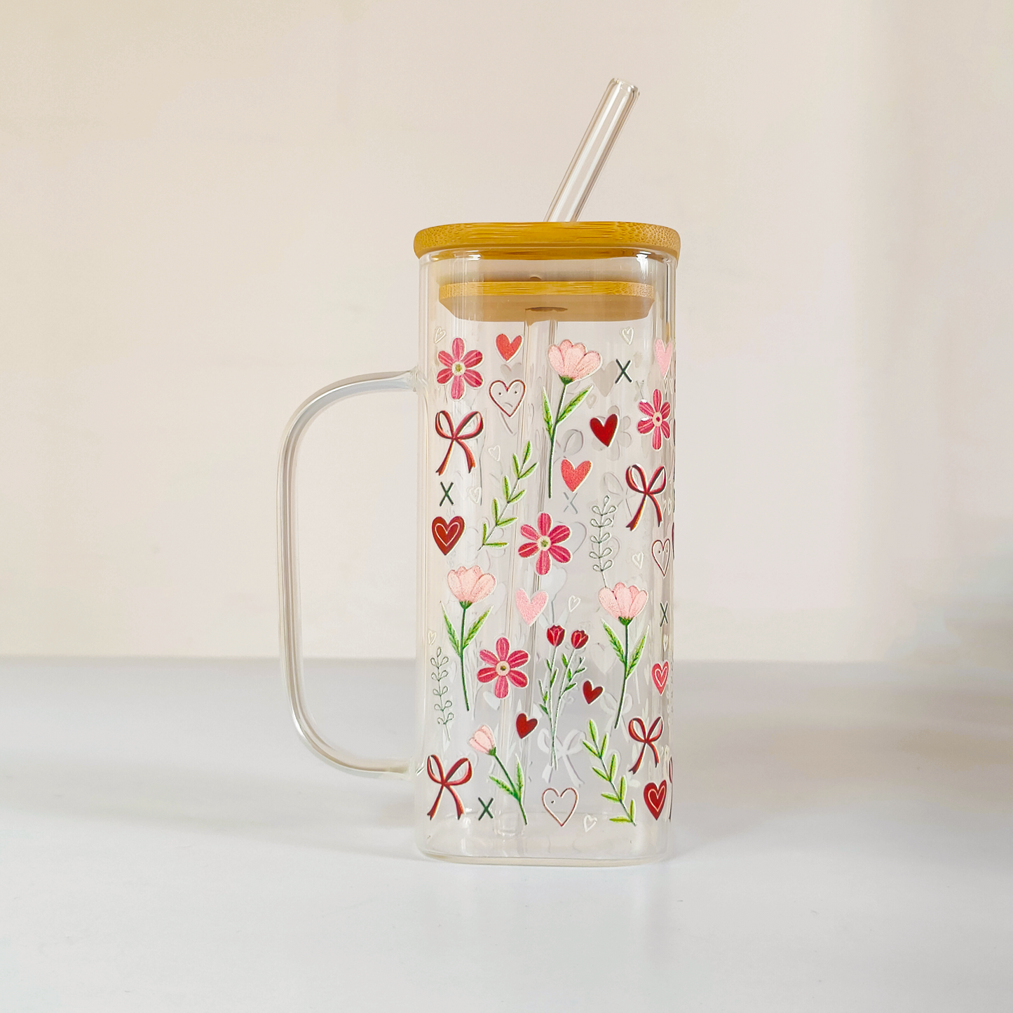 Blossom Heart Glass Tumbler with Handle, Bamboo Lid & Straw – Floral & Romantic Design