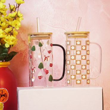 Set-2 Trendy Printed Glass Cup with Bamboo Lid & Straw