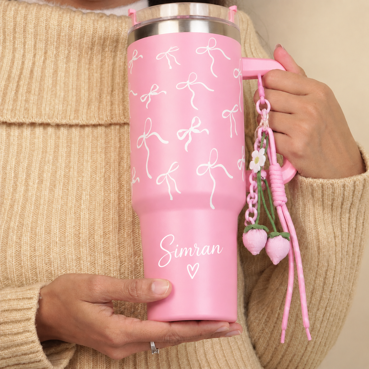 Personalized Pink Insulated Tumbler with Handle & Straw