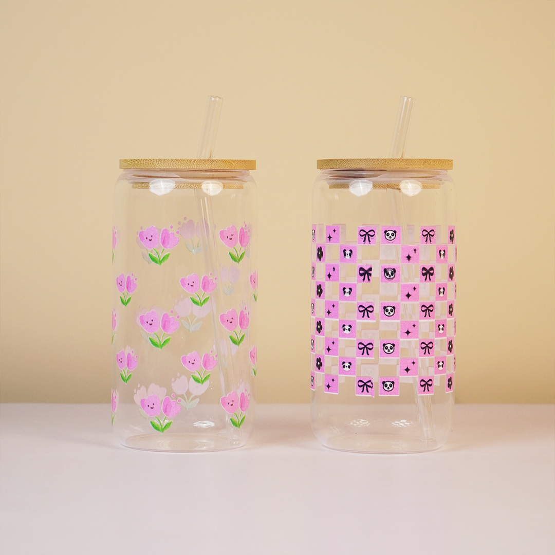 Set-2 Glass Tumbler with Bamboo Lid & Straw