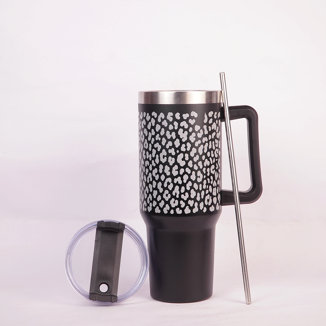 Black Leopard Print Tumbler with Handle & Straw – Stylish Reusable Travel Cup for Women & Girls