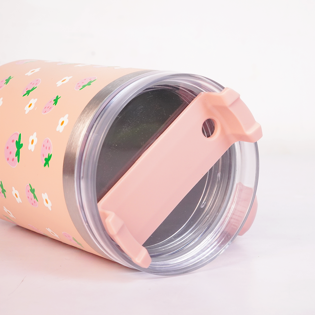 Peach Strawberry Tumbler with Straw & Handle – Cute Pink Fruit Print Travel Tumbler