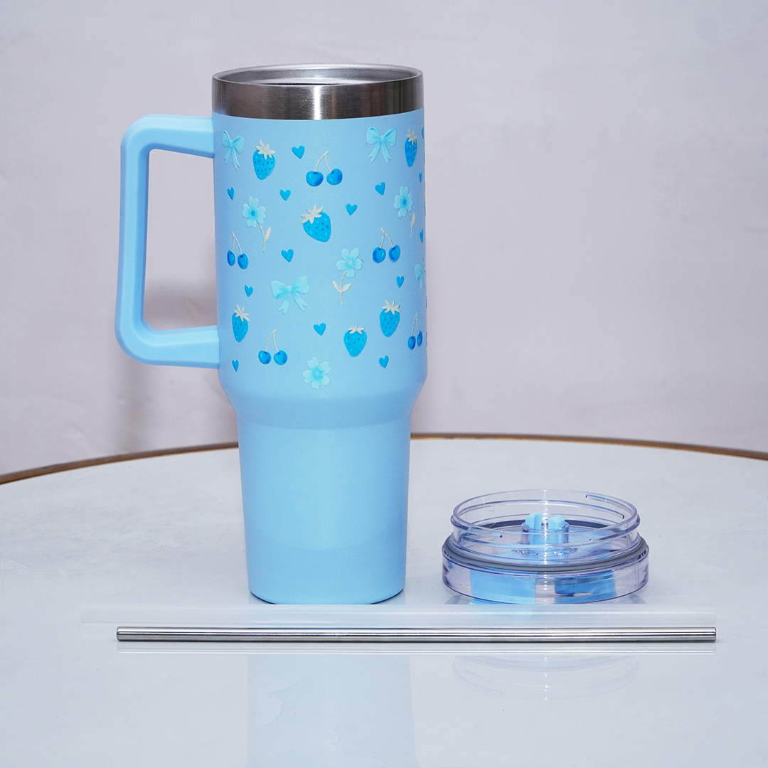 Blue Cherry & Strawberry Floral Stainless Steel Tumbler