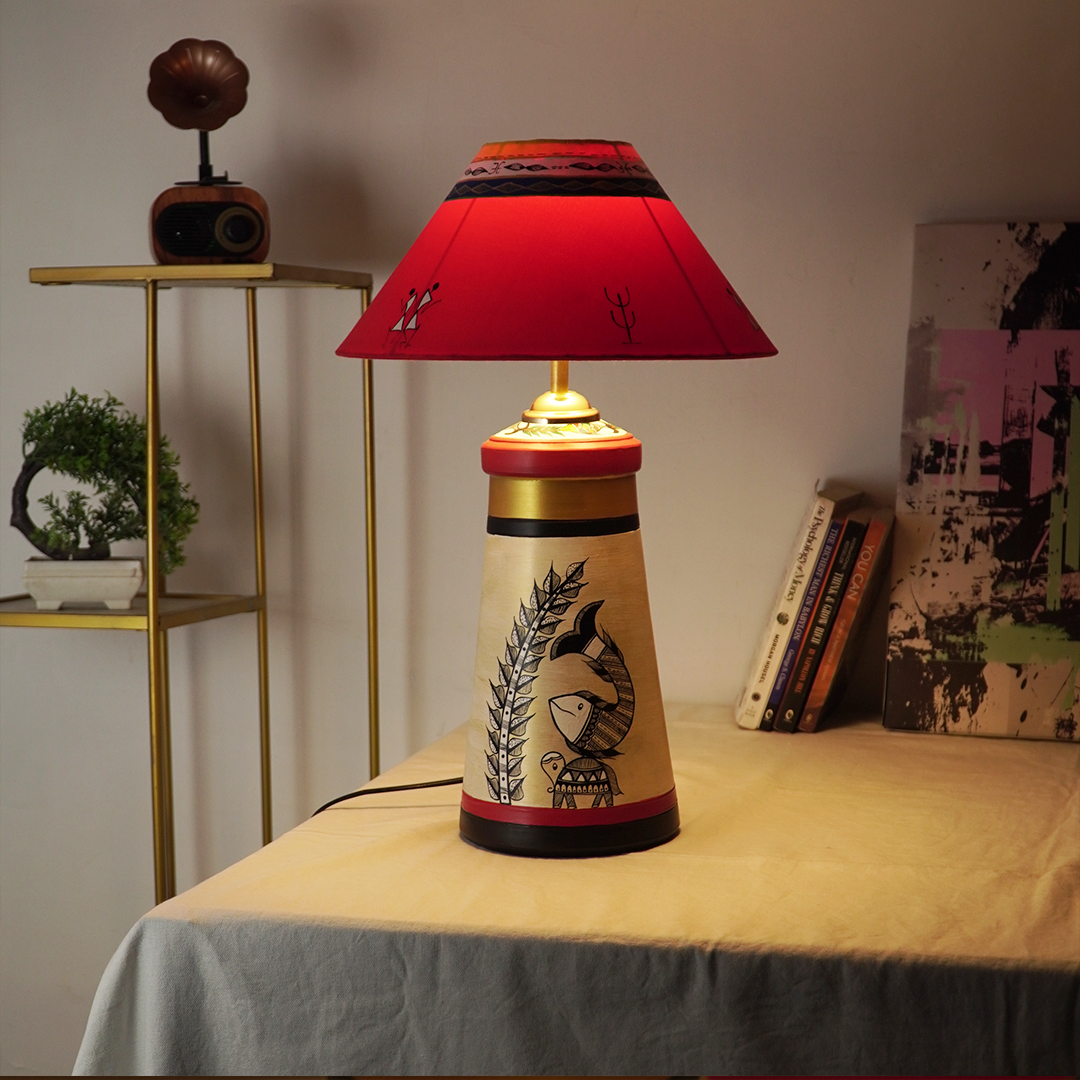 Handcrafted Warli Art Table Lamp – Red & Gold Ethnic Shade