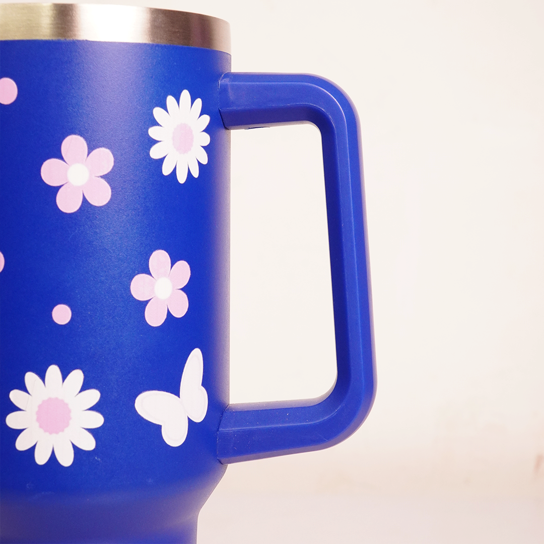 Sun Flower Print Tumbler with Handle & Straw | Reusable Travel Water Cup | Stylish Drinkware