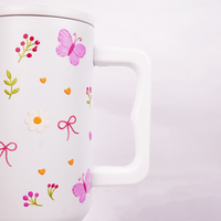 Butterfly, Bow & Floral Print travel  WHITE Tumbler