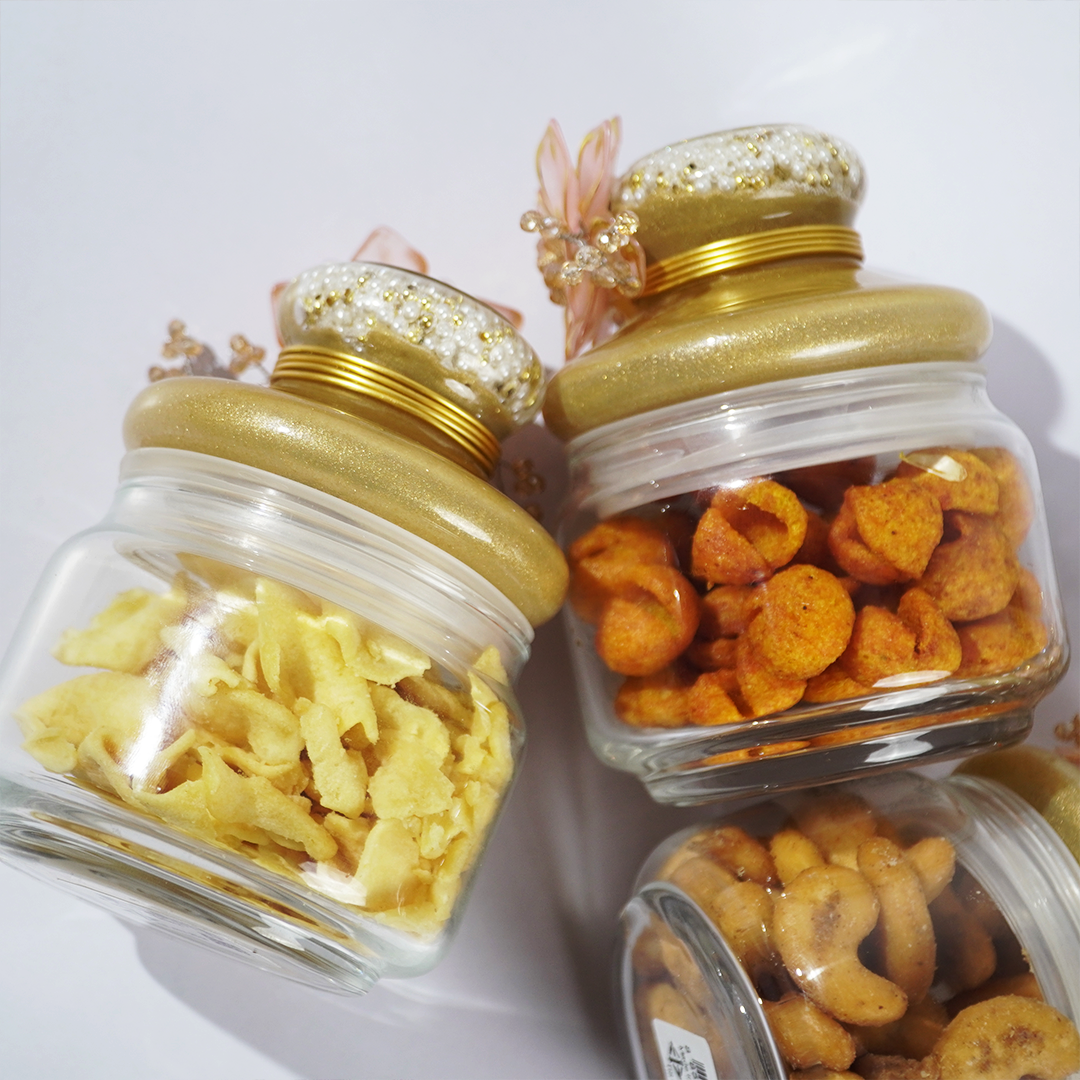 Set-4 Luxury Decorative Storage Jars Set with Pearl & Floral Lid