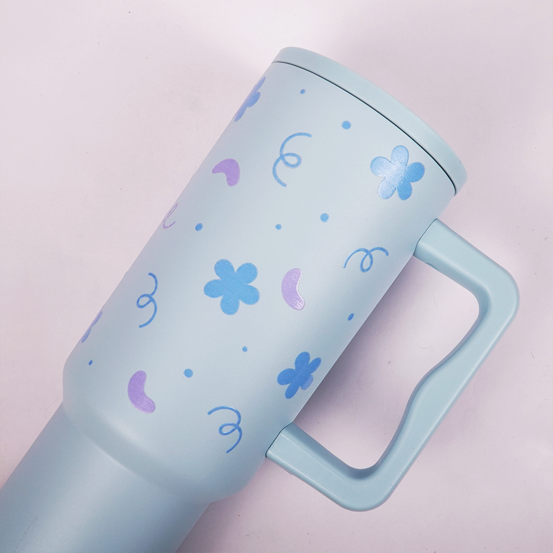 Blue Floral Tumbler with Handle & Straw – Cute Aesthetic Reusable Travel Cup(RANDOM CHARM)