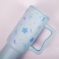 Blue Floral Tumbler with Handle & Straw – Cute Aesthetic Reusable Travel Cup(RANDOM CHARM)