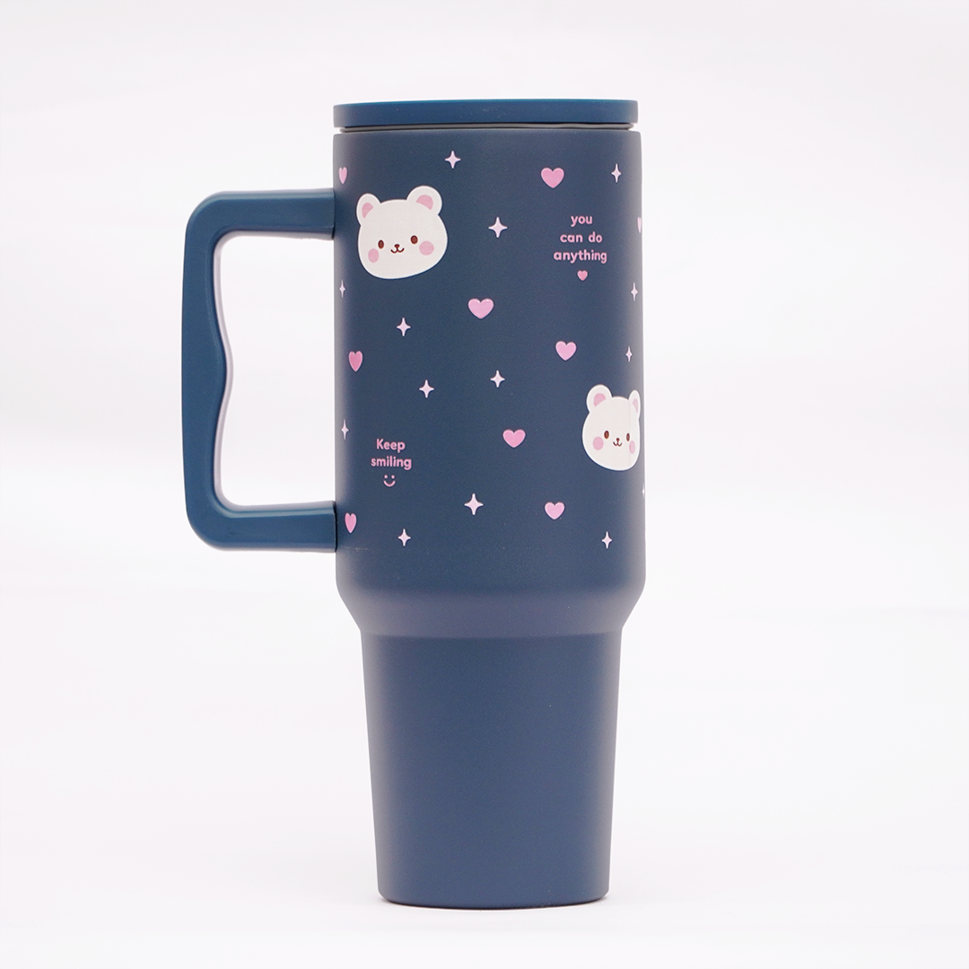 Cute Bear Stainless Steel Travel Tumbler with Handle & Leakproof Lid | Double Wall Vacuum Insulated Coffee Mug