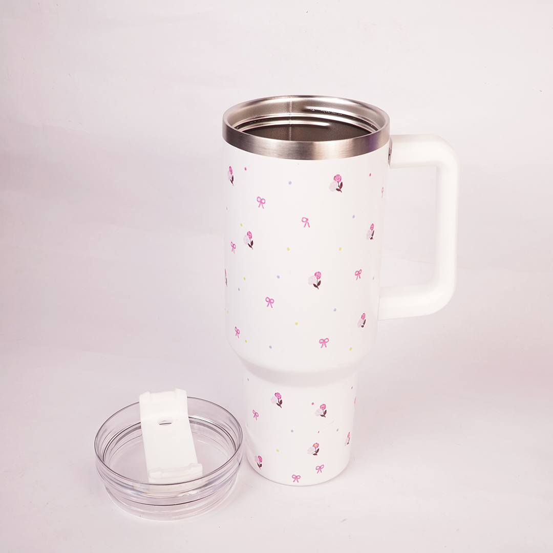 White Flower Tumbler with Handle & Straw – Cute Rose & Bow Design Reusable Travel Cup