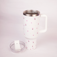 White Flower Tumbler with Handle & Straw – Cute Rose & Bow Design Reusable Travel Cup
