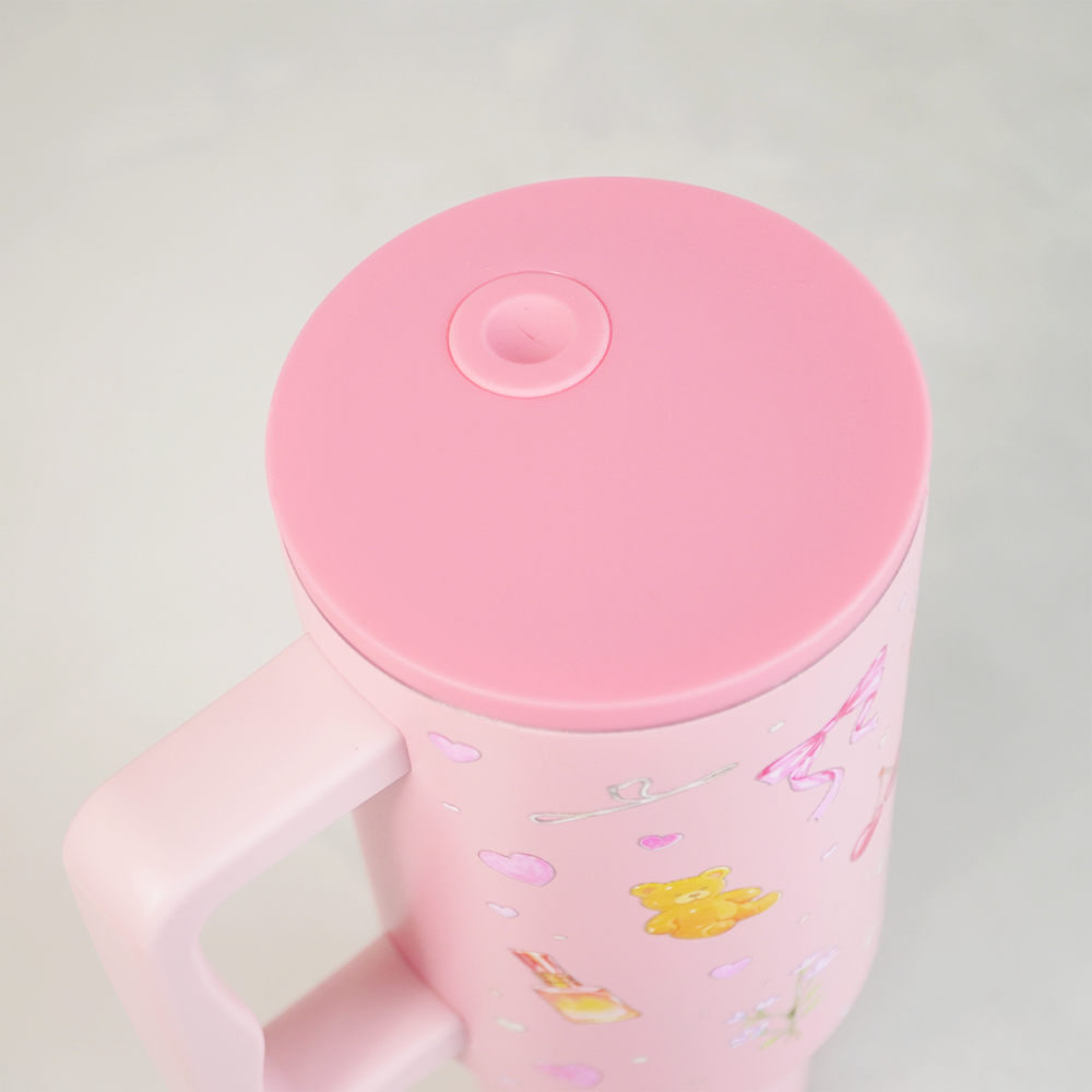 Blush Pop Aesthetic Tumbler with Handle, Straw & Spill-Proof Lid