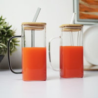 Glass Mug with Bamboo Lid & Reusable Straw | Clear Drinking Glass with Handle for Coffee