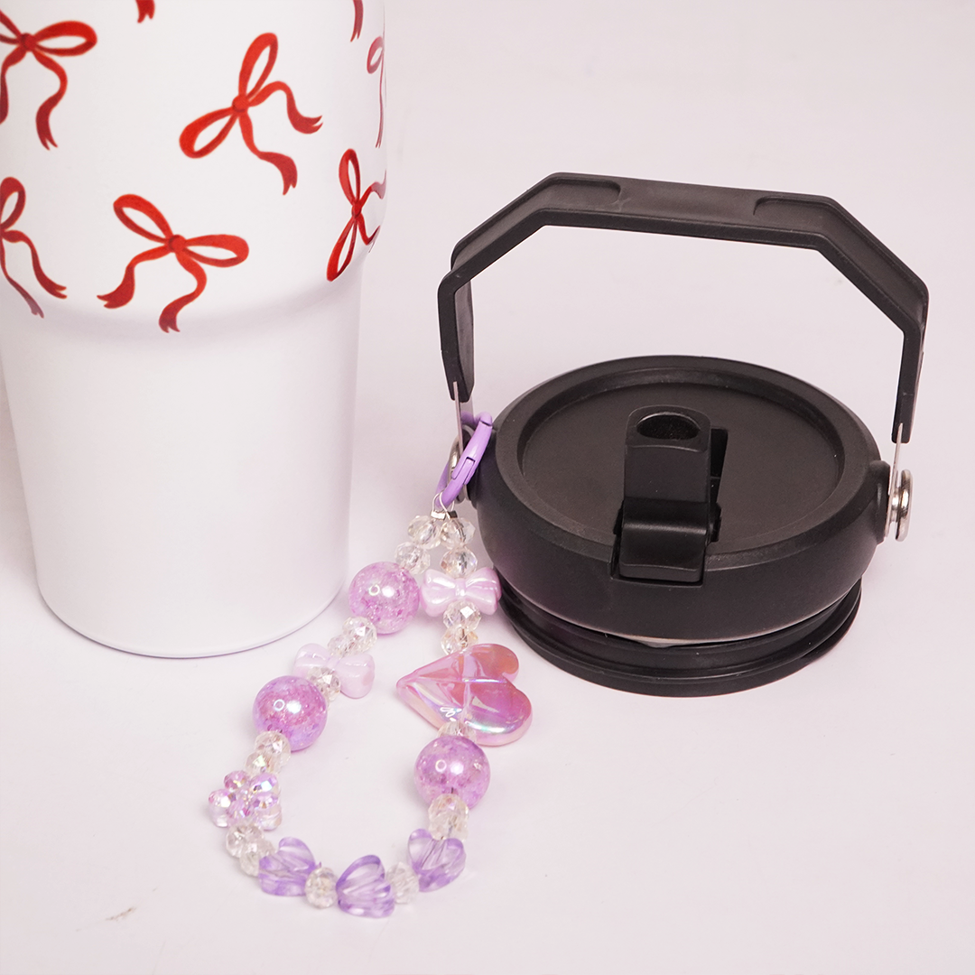 Bow Print Tumbler with Handle & Decorative Bead Charm | Reusable Travel Cup with Lid & Straw
