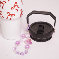 Bow Print Tumbler with Handle & Decorative Bead Charm | Reusable Travel Cup with Lid & Straw